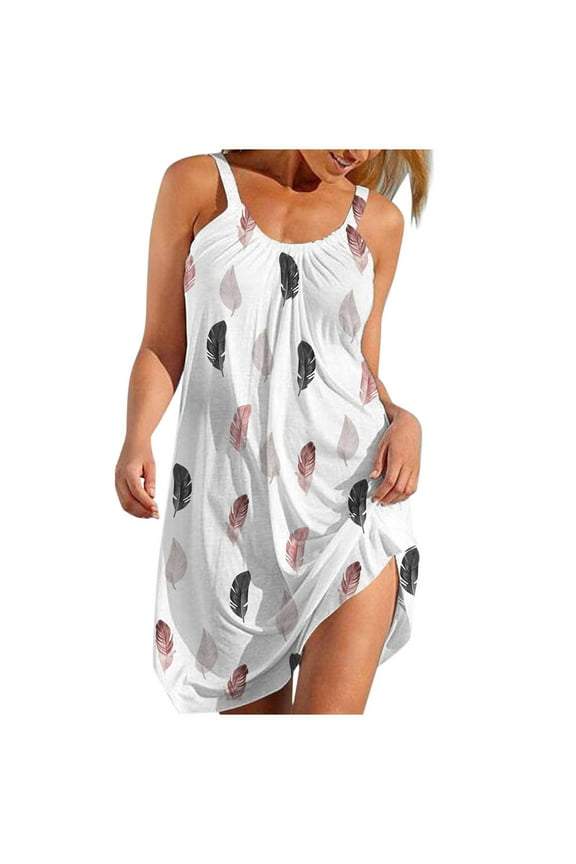 Sundress For Women Sleeveless Round Neckline Boho Floral Dress Summer Tshirt Beach Mini Dresses Regular Print Dress