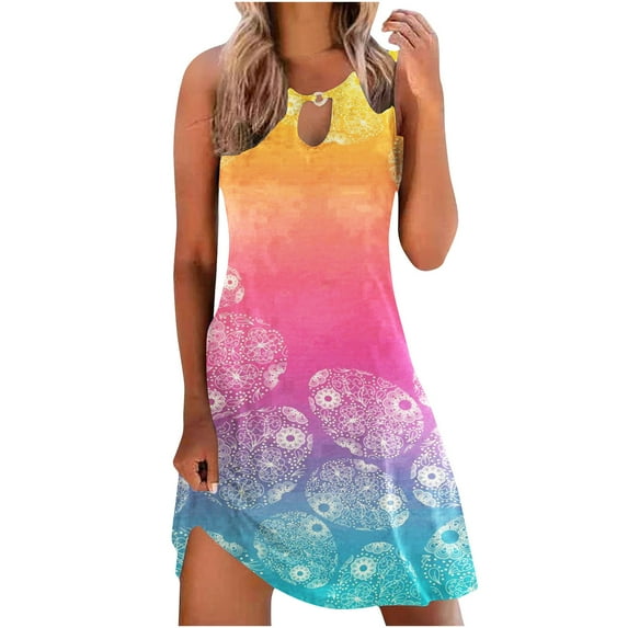 IROINNID Sundress For Women Sleeveless Round Neckline Boho Floral Dress Summer Tshirt Beach Mini Dresses Strapless Print Dress