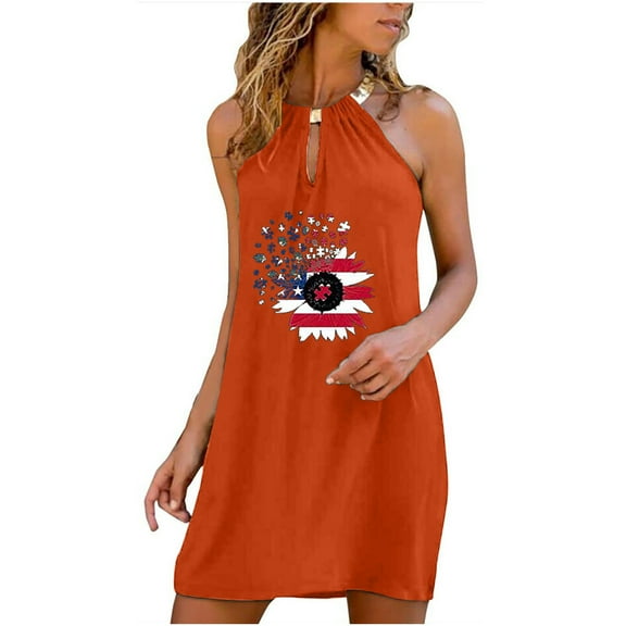 IROINNID Sundress For Women Sleeveless Round Neckline Dress Casual O- Neck Summer Floral Dresses Strapless Print Dress