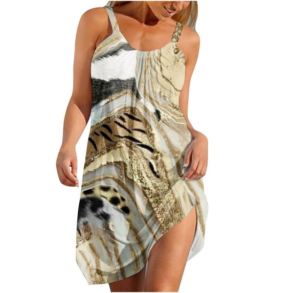 IROINNID Sundress For Women Sleeveless Round Neckline Summer Sexy Casual Backless Mini Dress Regular Print Dress