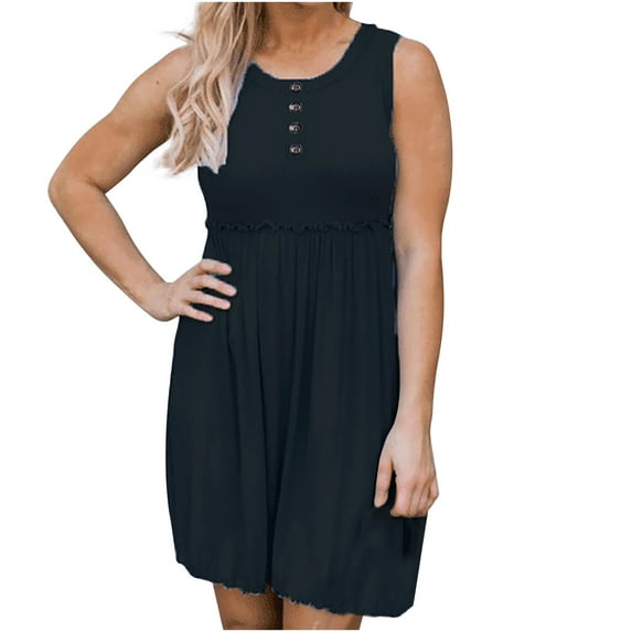 IROINNID Sundress For Women Strapless Sleeveless Summer Button Dress Round Neckline Solid Color Dress