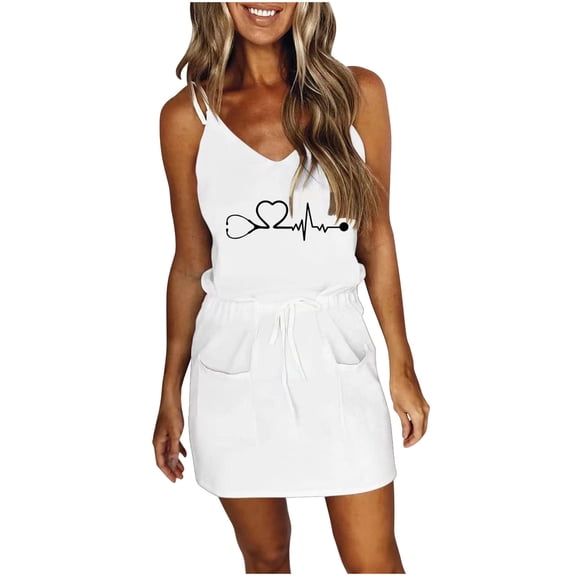 IROINNID Sundress For Women Summer Elastic Waist Camis Sleeveless V-Neck Dress Short Prints Dress