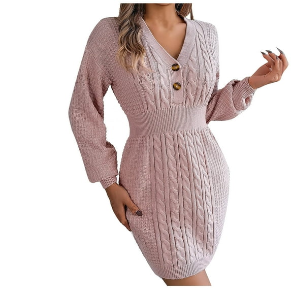 IROINNID Sweater Dress for Women Long Sleeve Dress V-Neck Button Solid Outing Dresses,Pink