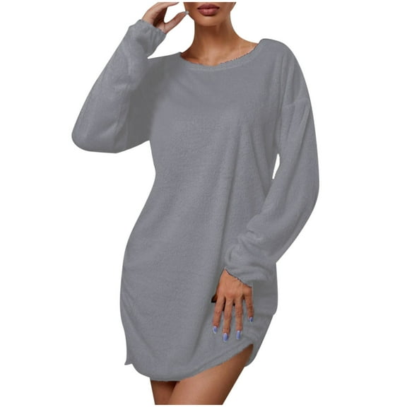IROINNID Sweater Dress for Women Strapless Sweater Dress Loose Crew-neck Plush Sweater Long-sleeve Dress ,Gray