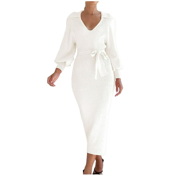 IROINNID Sweater Dress for Women V Neck Sweater Dress Puff Long Sleeve Slim Bodycon Fall Winter Ribbed Knit Dresses ,White