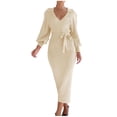 thumbnail image 1 of IROINNID Sweater Dress for Women V Neck Sweater Dress Puff Long Sleeve Slim Fit Bodycon Fall Winter Ribbed Knit Dresses ,Beige, 1 of 9