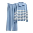 thumbnail image 1 of IROINNID Sweater Set for Women Stripe Turn Down Lapel Tops with Wide Leg Pants Casual Two Pieces Home Set,Blue, 1 of 9
