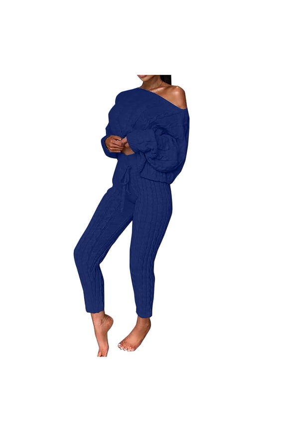Sweater Set for Women Two Pieces Cold Shoulder Sweater with High Waist Pants Casual Knitted Home Sets,Blue