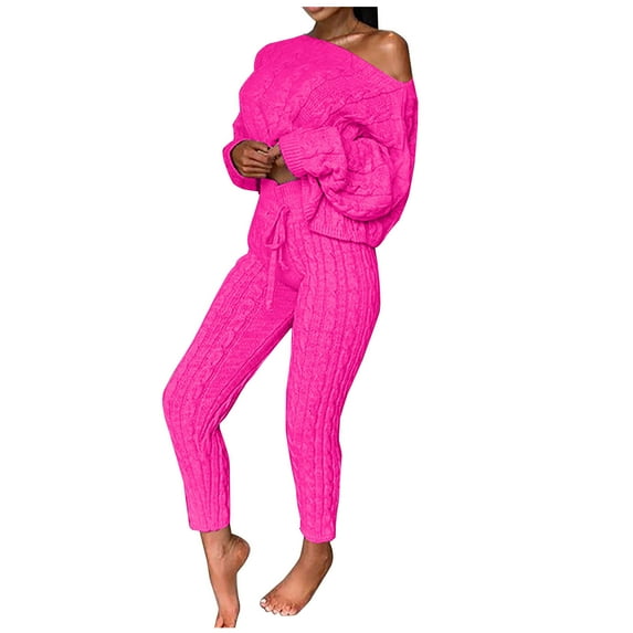 IROINNID Sweater Set for Women Two Pieces Cold Shoulder Sweater with High Waist Pants Casual Knitted Lounge Sets,Hot Pink
