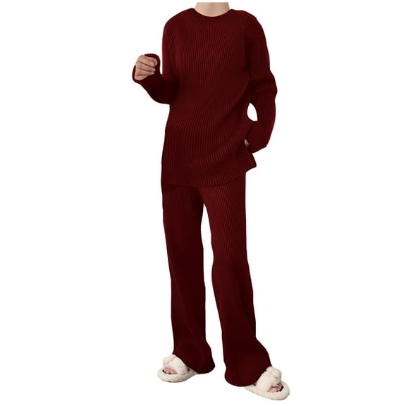 IROINNID Sweater Set for Women Two Pieces Elegant Knitted Sweater with Long Pants Casual Home Leisure Sets(Z01#Wine,L)