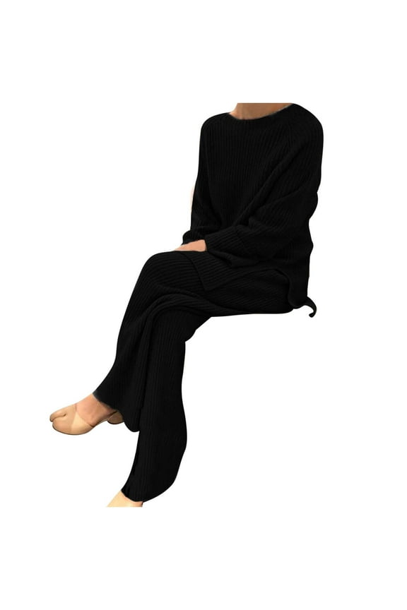 Sweater Set for Women Two Pieces Elegant Knitted Sweater with Long Pants Casual Home Leisure Sets,Black