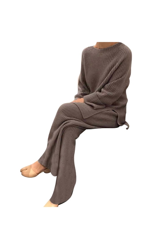 Sweater Set for Women Two Pieces Elegant Knitted Sweater with Long Pants Casual Home Leisure Sets,Coffee