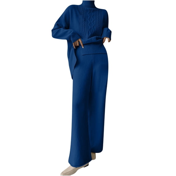IROINNID Sweater Sets for Women Turtleneck Wool Sweater with Wide Leg Pants Two-piece Sweater Set Warm Lounge Set,Blue