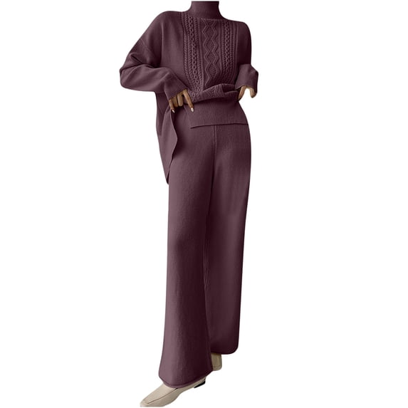 IROINNID Sweater Sets for Women Turtleneck Wool Sweater with Wide Leg Pants Two-piece Sweater Set Warm Lounge Set,Burgundy