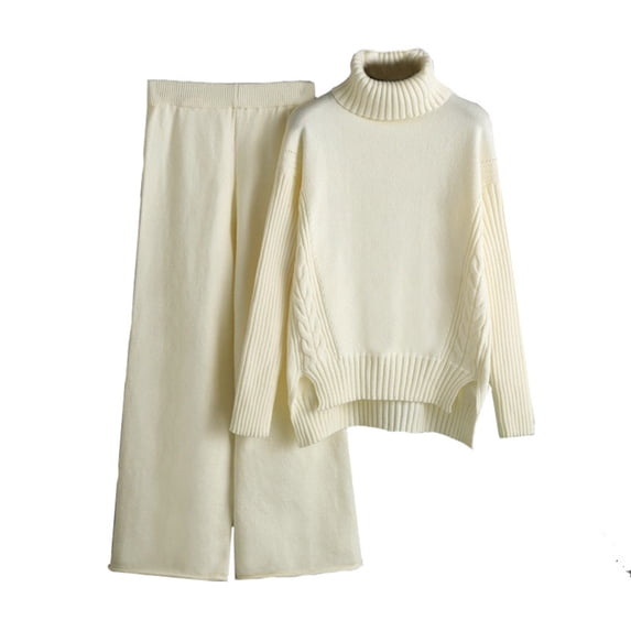 IROINNID Sweater Sets for Women Two Pieces Knitted Crewneck Sweater and Wide Leg Casual Fall Home Sets,Beige