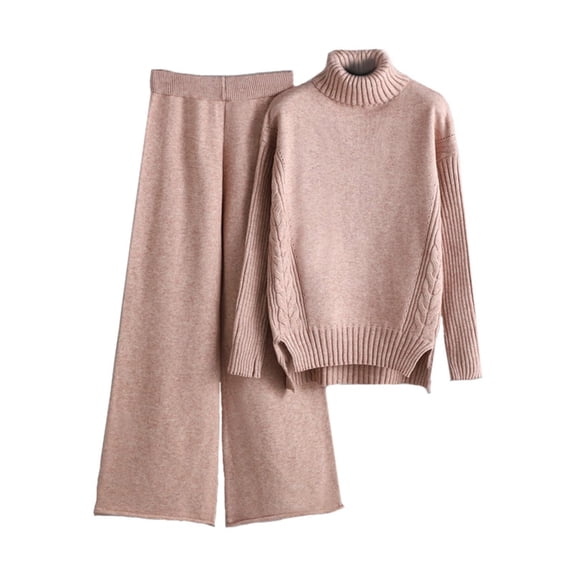 IROINNID Sweater Sets for Women Two Pieces Knitted Crewneck Sweater and Wide Leg Casual Fall Home Sets,Pink