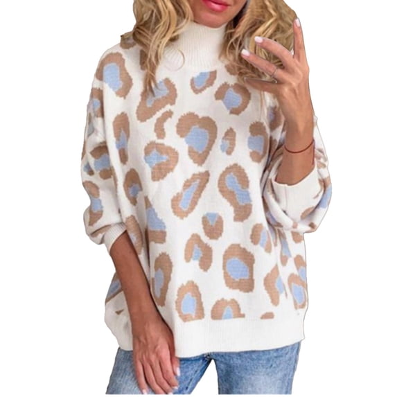 IROINNID Sweater for Women Knitted Stretch Winter Warm Leopard Print Bottom Shirt Casual Loose Fit All-match Sweater,Blue