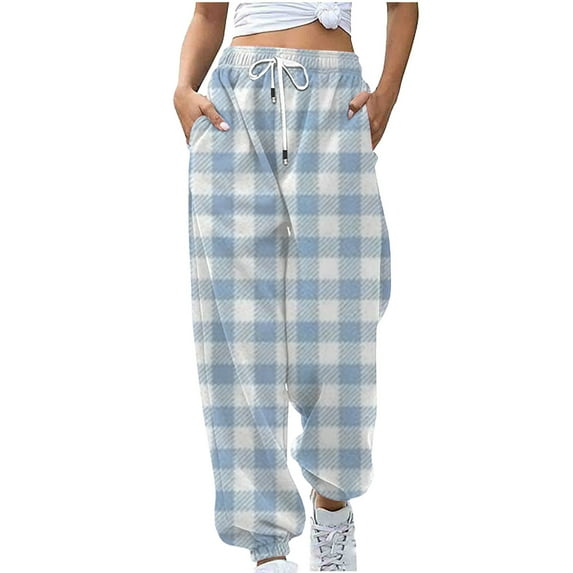 IROINNID Sweatpants for Women Casual Jogger Loose Fit Checker Printing Sweatpants Lounge Trousers with Pockets High Waist Pants,Blue