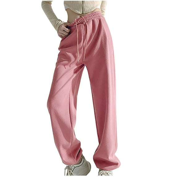 IROINNID Sweatpants for Women Casual Jogger Oversized Solid Color Baggy Pants Straight Tube Large Size Long Pants,Pink