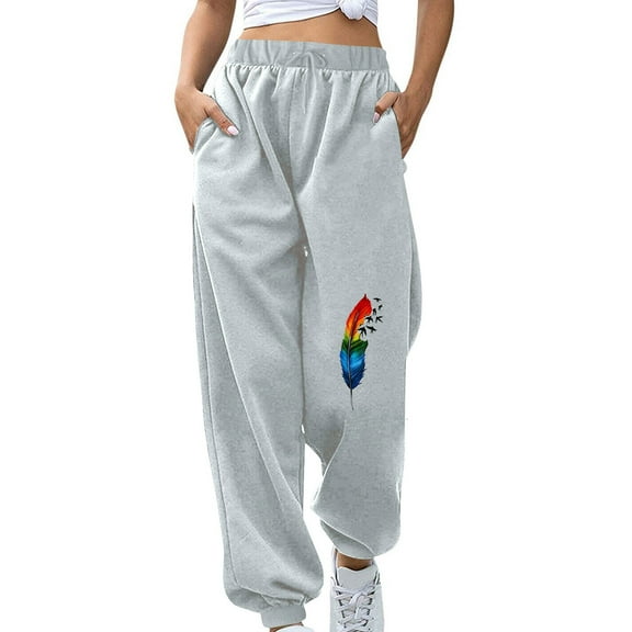 IROINNID Sweatpants for Women Casual Jogger Relaxed Fit Fall Winter Fitness Sport Printing Elastic Waist Long Sweatpants,Gray