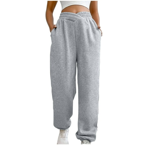 IROINNID Sweatpants for Women Casual Jogger Solid Color Elastic Waist Sweatpants Trousers with Slant Pocket,Gray