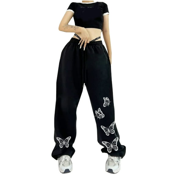 IROINNID Sweatpants for Women Ladies Pants Hippie Punk Trousers Streetwear Jogger Pocket Solid Loose Overalls Long Pants,Black