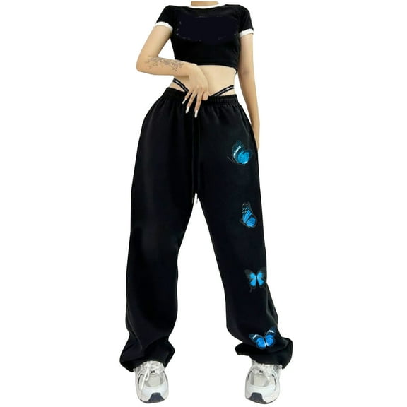 IROINNID Sweatpants for Women Ladies Pants Hippie Punk Trousers Streetwear Jogger Pocket Solid Loose Overalls Long Pants,Black