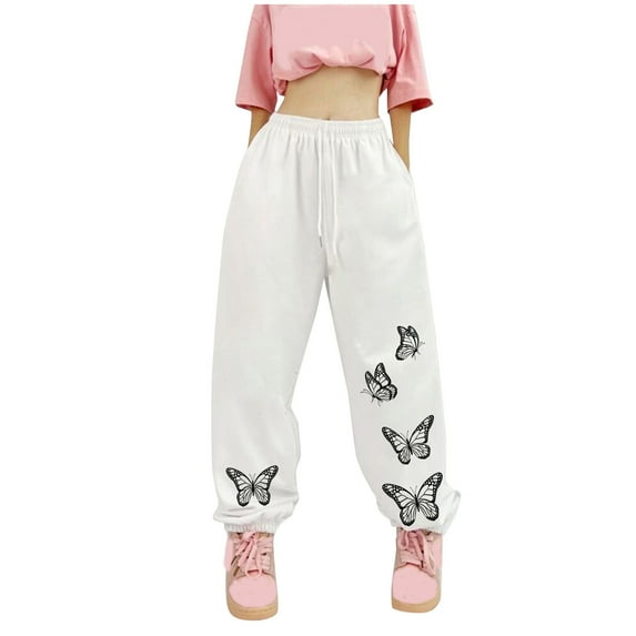 IROINNID Sweatpants for Women Ladies Pants Hippie Punk Trousers Streetwear Jogger Pocket Solid Loose Overalls Long Pants,White