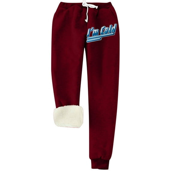 IROINNID Sweatpants for Women Thermal Solid Color Fleece Pockets Plus-Size Bandage Elastic Waist Casual Pants Leggings,Burgundy