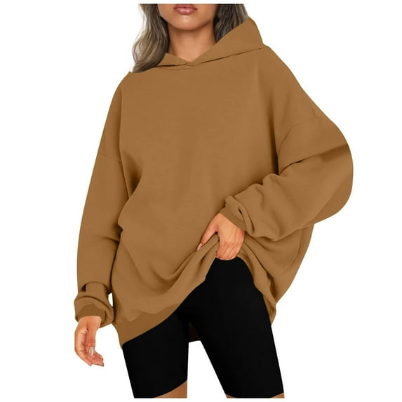 IROINNID Sweatshirt for Women Fall Winter Casual Long Sleeve Pullover Solid Basic Hoodie Warm Loose Fit Pullover Sweatshirt,Khaki