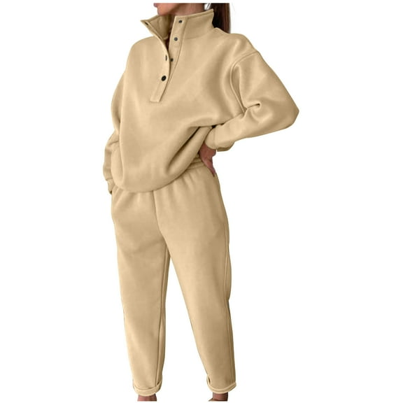 IROINNID Sweatsuit For Women 2 Pieces Set Long Sleeve Hooded Pullover Pocket Leisure Tops + Pants Set Sport Outfits Set,Khaki