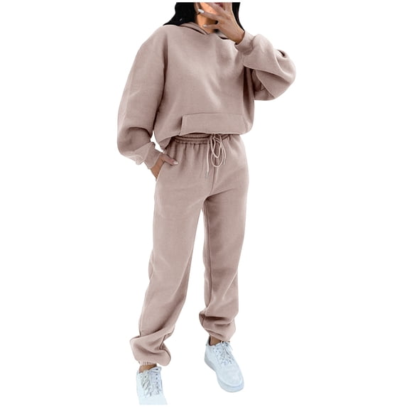 IROINNID Sweatsuit For Women 2 Pieces Set Pocket Round-Neck Casual Long Sleeve Sweatshirt+ Pant Set Sport Outfits Set,Beige
