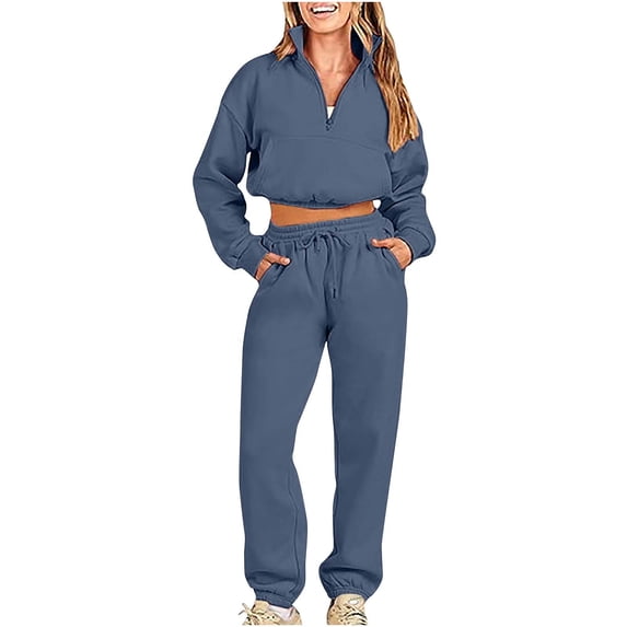 IROINNID Sweatsuit For Women 2 Pieces Set On Sale Casual Color Half Zippered Long Sleeved Hoodie Pants Sports Casual Set Jogging Suit,Blue