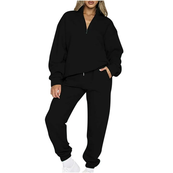 IROINNID Sweatsuit For Women 2 Pieces Set Velvet Clearance Casual Solid Color Zipper Lapel Sweatshirts Top + Pants Set Sport Outfits Set,Black