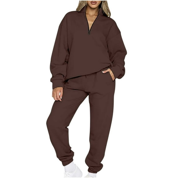 IROINNID Sweatsuit For Women 2 Pieces Set Velvet Casual Solid Color Zipper Lapel Sweatshirts Top + Pants Set Sport Outfits Set,Coffee