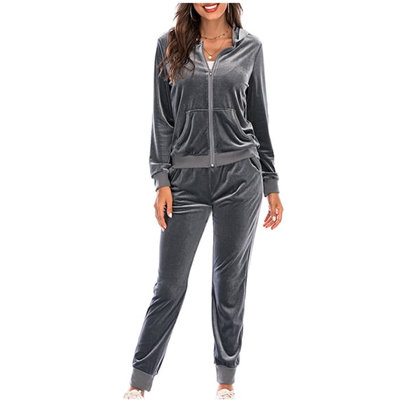IROINNID Sweatsuit For Women 2 Pieces Set Velvet Home And Outdoor Set Autumn Winter Long Sleeve Coat Pants Homewear Set Athletic Set,Gray
