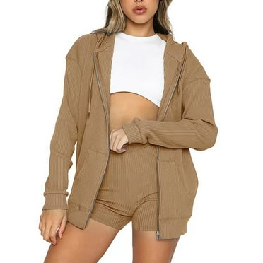 IROINNID Sweatsuit For Women 2 Pieces Set Velvet Savings Solid Color Sports Suit Zipper Cardigan Long Sleeve Hooded Sweatshirts Shorts Set Athletic Set,Khaki