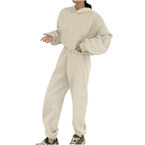 IROINNID Sweatsuit For Women 2 Pieces Set Autumn and Winter Long Sleeved Plush Pants Sweatshirts Thickened Suit Autumn and Winter Hooded High Waist Sport Outfits Set,White