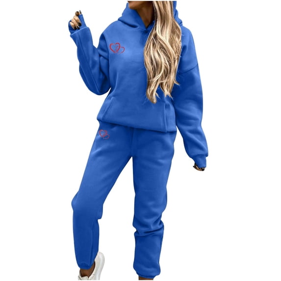 IROINNID Sweatsuit For Women 2 Pieces Set On Sale Valentine's Day Solid Color Printed Hooded Long Sleeved Sweatshirts Casual Long Sleeved Hooded Suit Jogging Suit,Blue