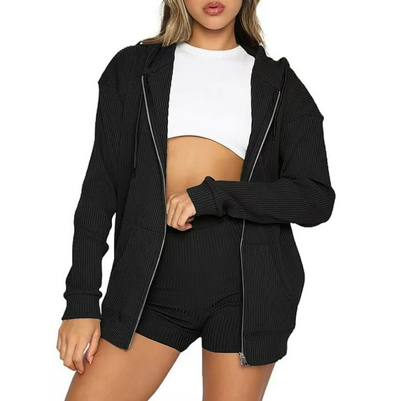IROINNID Sweatsuit For Women 2 Pieces Set Velvet Solid Color Sports Suit Zipper Cardigan Long Sleeve Hooded Sweatshirts Shorts Set Athletic Set,Black