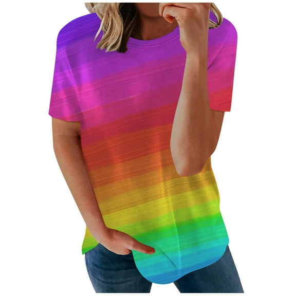 IROINNID T-Shirt For Women Summer Loose Gradient Round-Neck Short Sleeve Casual Blouse Spring