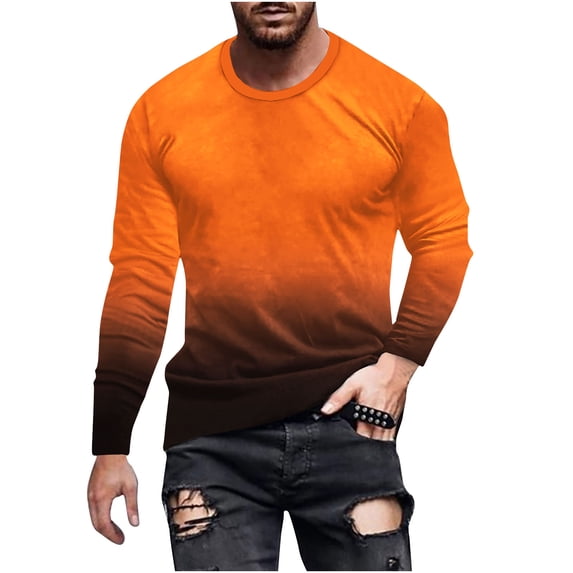 IROINNID T-Shirts for Men Round Long Sleeved Pullover,Orange M