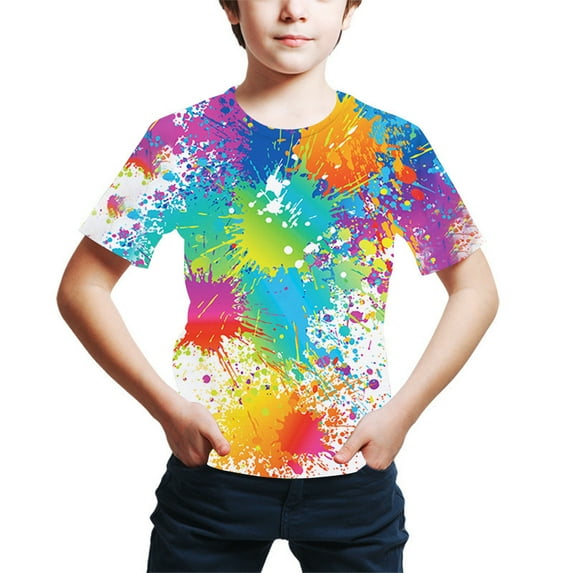 IROINNID T-shirt Short-sleeved Digital Printing Fashion Color Summer Loose for Boys and Grils 9Y