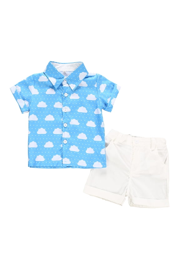Toddler Boy's Cloud Print Lapel Blouse Shorts Gentleman Set Outfits