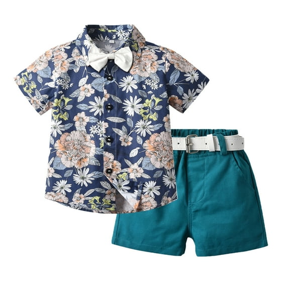 IROINNID Toddler Boy's Gentleman Floral Printed Lapel Tops Shorts Outfits