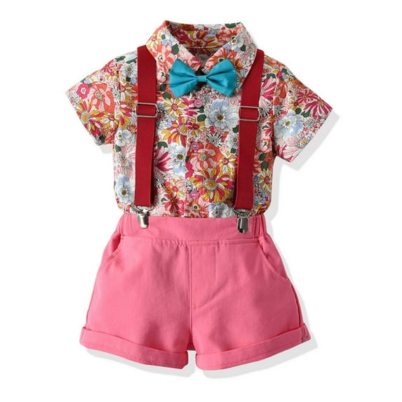 IROINNID Toddler Boys Clothes Short Sleeve Top&Strap Shorts Suit Outfit For Baby Toldders Floral Printing Shirts 18-24 Months