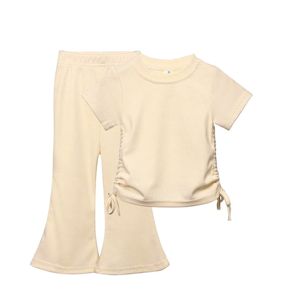 IROINNID Toddler Girl Clothes Solid Short Sleeved Round Neck Top Flare Pants Two Piece Set 3-4Y