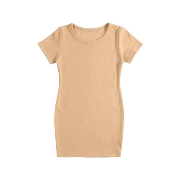 IROINNID Toddler Girl Clothes Summer Cute Solid Color Short-sleeved Round Neck Dress Outfits 4-5Y