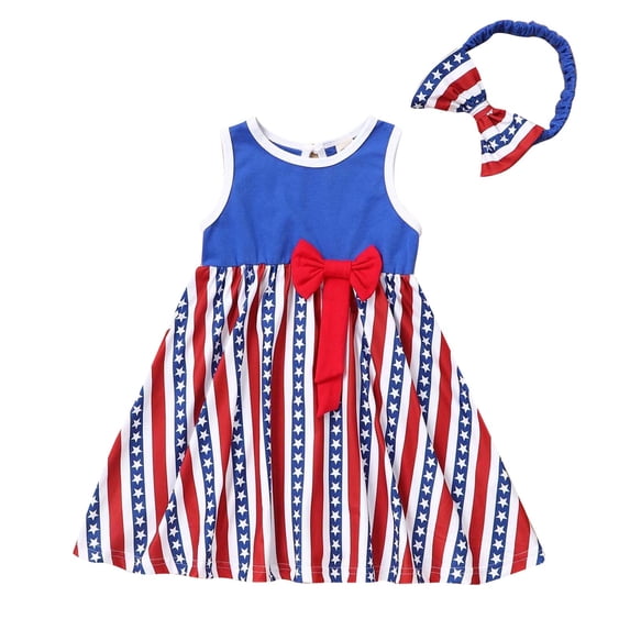 IROINNID Toddler Girl's Fashion Cute Sleeveless Star Bow Dress Hairband Suit Sleeveless USA Flag Prints Sundress