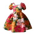 thumbnail image 1 of IROINNID Toddler Girl's Short Sleeve A-line Strapless Dress Flowy Print Square Neck Retro Dress 1-6Years, 1 of 9